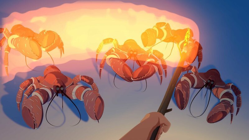 Unheimliche Geräusche haben Yann und seine Freunde erschreckt, als sie am Strand übernachten wollen. Da entdecken sie im Schein einer Fackel, wer hinter den merkwürdigen Ereignissen auf der Insel steckt: Kokosnuss-Krabben. – Bild: ZDF/​Media Valley/​Marzipan Films/​TF1/​Gaumont Animation