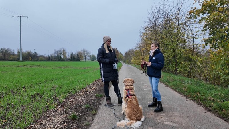 Philine (l.) mit Golden Retriever-Mix „Nala“ und Trainerin Sophie Grethe. – Bild: RTL /​ Mina TV