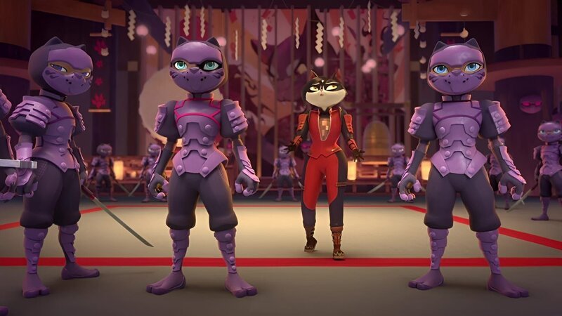Chizu (v.2.v.r.) ist in Lady Fuwas Dojo eingedrungen. Chizu will die Neko Ninja Crew übernehmen. – Bild: ZDF/​Usagi Productions LLC