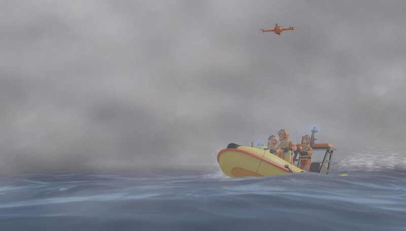 Feuerwehrmann Sam, Penny und Elvis suchen mit Hilfe von Saturn nach Norman. – Bild: KiKA/​Prism Art & Design Limited