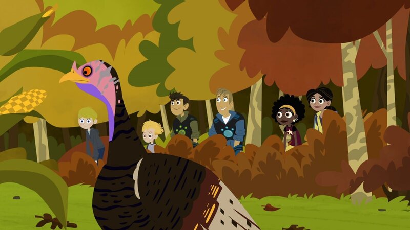 (V.re.n.li.:) Stella, Chloe, Chris und Martin beobachten einen Truthahn. – Bild: SUPER RTL