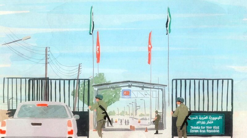 Ein Auto passiert den Grenzübergang zwischen Syrien und der Türkei. – Bild: MDR/​Falk Schuster