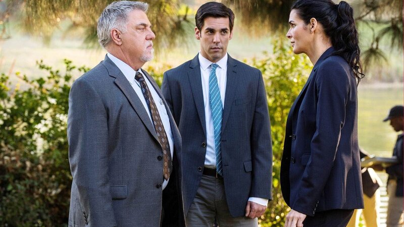 Die tote Joggerin: Nachdem die Detectives Vince Korsak (Bruce McGill), Frankie Rizzoli (Jordan Bridges, M.) und Jane Rizzoli (Angie Harmon) einen Raubüberfall ausschließen können, entdecken sie in der Nähe des Tatorts einen Kinderwagen – jedoch fehlt von dem Baby jede Spur … – Bild: RTL /​ Warner Bros.