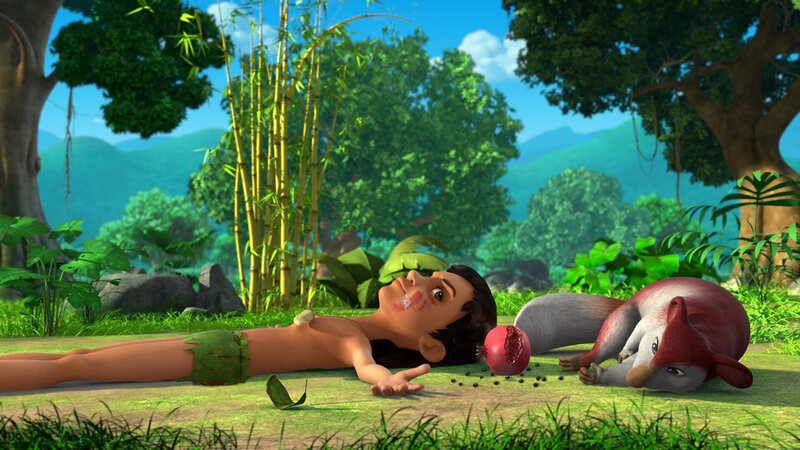 Mogli hat herausbekommen, dass das Eichhörnchen Agni von den Rauschbeeren gefressen hat, die im Granatapfel versteckt waren. Agni ist berauscht, aber Mogli tut nur so, als sei er auch verwirrt. – Bild: ZDF/​2009 DQ Entertainment