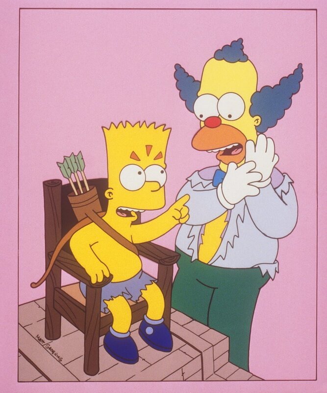 Bart (l.) beschwert sich bei Krusty (r.) über die schlechte Behandlung im Ferienlager. – Bild: Twenthieth Century Fox Film Corporation