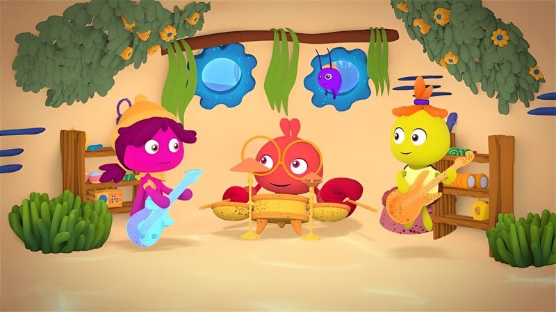 Maari, Fin und Tuts (von links nach rechts) üben für den Liederwettbewerb. – Bild: KiKA/​Bigchild Entertainment