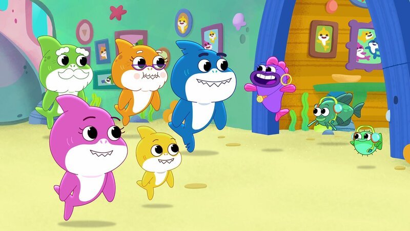 Grandpa Shark (l.), Mommy Shark (2.v.l.), Grandma Shark (3.v.l.), Baby Shark (4.v.l.), Daddy Shark (4.v.r.), Wanda Whirlpool (3.v.r.) – Bild: Paramount