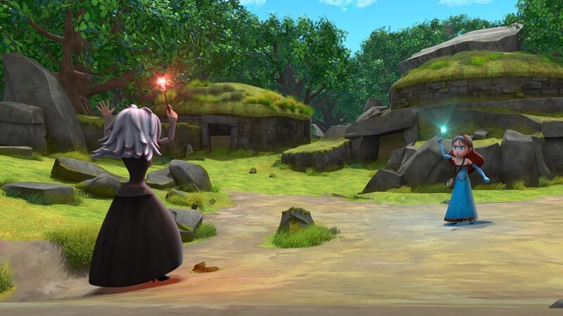 Die Hexe Morgan und Marian duellieren sich mit ihren Zauberstäben. – Bild: ZDF
