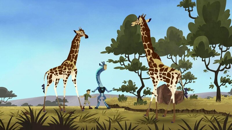 Martin (li.) und Chris finden heraus, welchen Zweck der lange Hals einer Giraffe erfüllt. – Bild: SUPER RTL