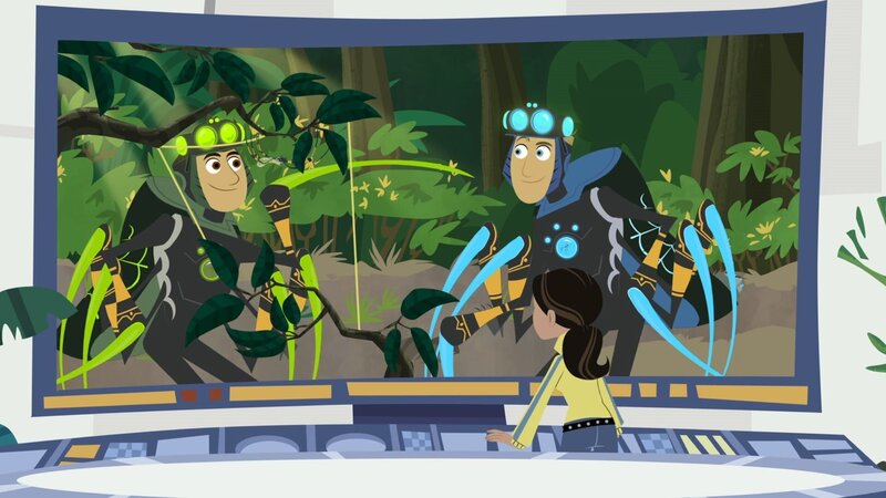 Martin (li.) und Chris suchen mal wieder nach unzerstörbarem Material. In der Natur werden sie fündig: Spinnenseide! Stella beobachtet den Ausflug der beiden über einen großen Monitor. – Bild: SUPER RTL