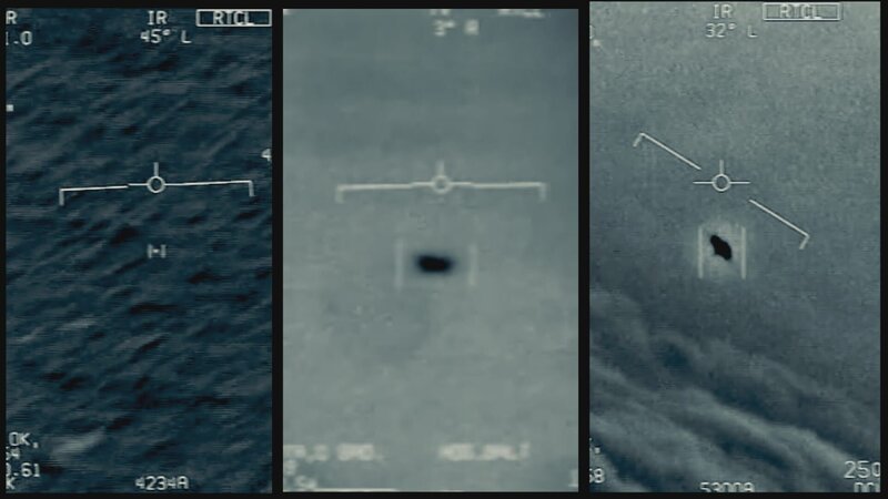 Aufnahmen von Piloten des US-Militärs zeigen Objekte, die mit hoher Geschwindigkeit über den Ozean rasen. Sind diese „UFOs“ ein Beweis für außerirdisches Leben? – Bild: ZDF und US Air Force /​ Public Domain
