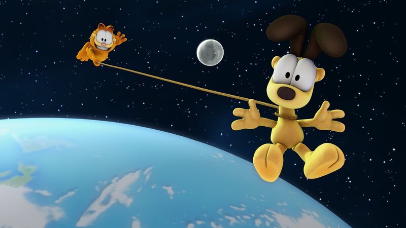 Odie und Garfield fliegen Dank der mexikanischen Springbohne bis ins Weltall. – Bild: HR/​DARGAUD MEDIA