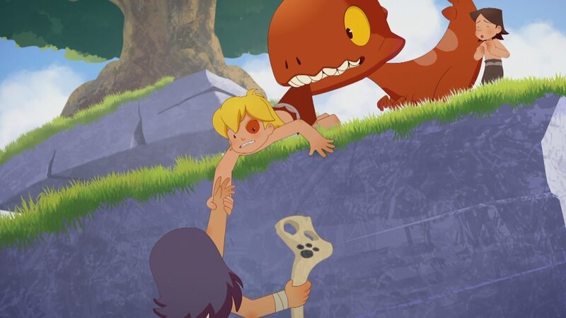 Fanon kann mit dem Stab fliehen, doch dabei stürzt sie eine Klippe herab. Gelingt es Tib und Tumtum, sie zu retten? – Bild: KiKA/​hr/​TF1/​GO-N Productions