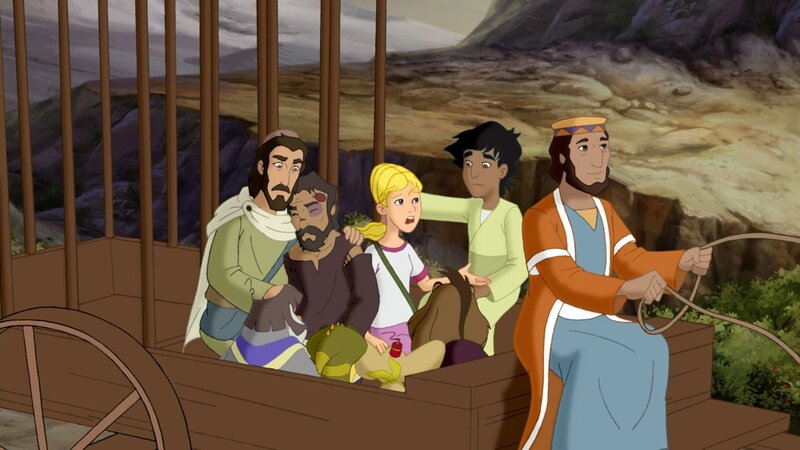 Habib und der Samariter (li.) können dem Verletzten am Wegesrand doch noch in letzter Sekunde helfen. – Bild: KI.KA/​Cross Media/​Beta/​Trickcompany