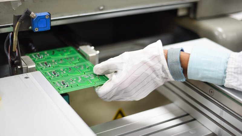 Electronic factory worker holding assembled PCB with SMT also called Surface Mount Equipment. Image taken at Electronics manufacturing plant and the PCB board assembled with electronic components. – Bild: Getty Images