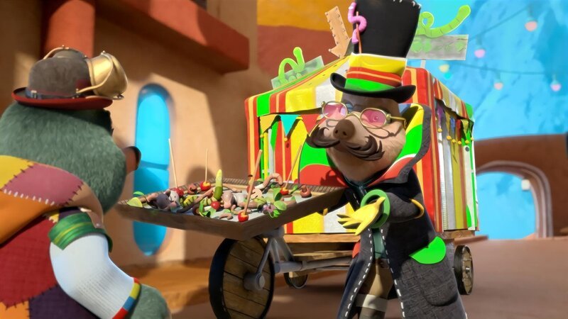 Der Gärtner hat es mal wieder auf das magische Buch Mauli abgesehen. Er hat sich dazu als fahrender Händler verkleidet und will Moley mit leckeren Wurm-Köstlichkeiten verführen. – Bild: ZDF/​2022 Jetpack Distribution Ltd/​ZDF Enterprises