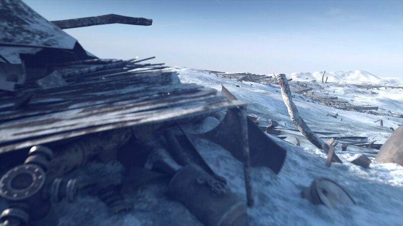 Camp Century Wrack: Trümmerfeld. Visualisierung, wie das Wrack nach Abzug des umgebenden Eises im Jahr 2017 ausgesehen haben könnte. Teil von Camp Century, einer 1959 in der Arktis errichteten US-Militärforschungsbasis. – Bild: National Geographic