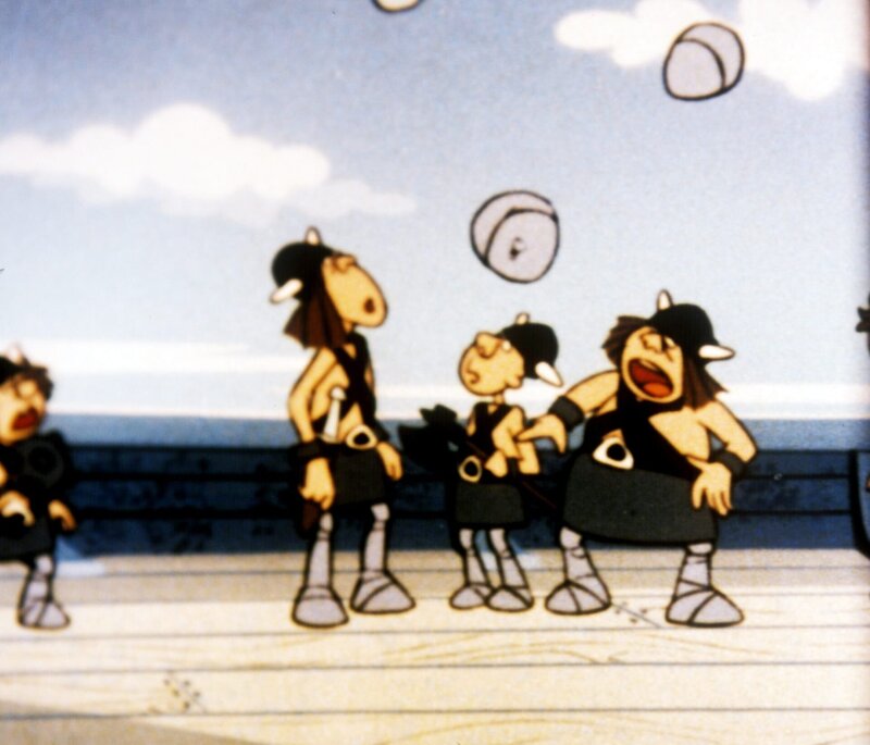 Die Wikinger wundern sich, was da von oben herabfliegt. – Bild: ORF/​Apollo Filmverleih