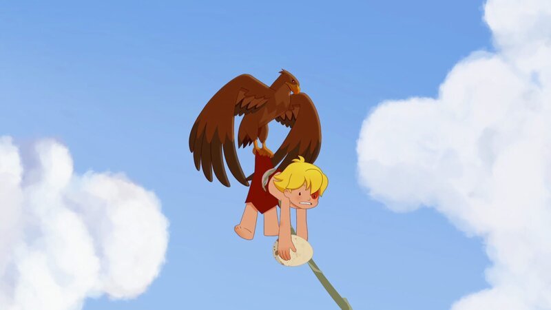 Als Tib sich mit dem Ei zum Adlerhorst herunterseilt, greift der Adler erneut an. – Bild: KiKA/​hr/​TF1/​GO-N Productions