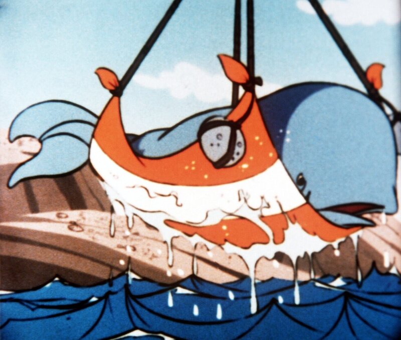 Wickie’s Konstruktion, mit der der kleine Wal ins Meer zurückgebracht werden soll. – Bild: ORF/​Apollo Filmverleih