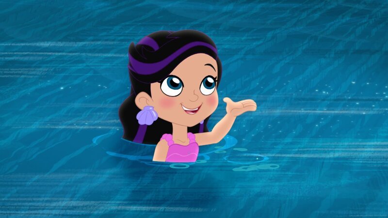 „Disneys Jake und die Nimmerland Piraten“, „Hilfe von den Meerjungfrauen /​ Seepferdchen in Not.“ Käpt’n Hook hat Izzy das Surfboard gestohlen. Mit der Hilfe der bezaubernden Meerjungfrau Marina versuchen Jake und die Nimmerland-Piraten, das Brett wieder zurückzubekommen. – Bild: Disney