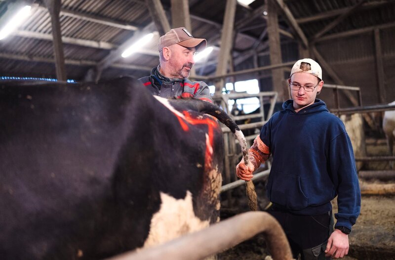 Kann er das? Ausbilder Sönke mit Azubi und zukünftigem Landwirt Jeffrey (r). – Bild: WDR/​Ben Knabe