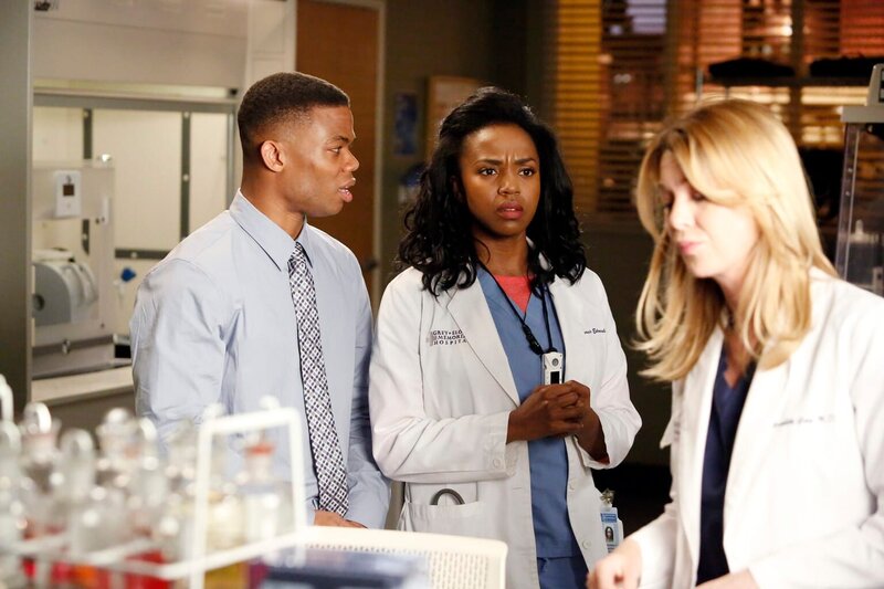 Meredith (Ellen Pompeo, r.) hat den jungen Bio-Ingenieur Eric (Paul James, l.) als Assistenten für die Arbeit mit dem 3D-Drucker eingestellt, doch sie lässt ihn erst einmal nichts anderes tun als lesen. Stephanie (Jerrika Hinton, M.) soll ihn im Auge behalten … – Bild: ABC Studios