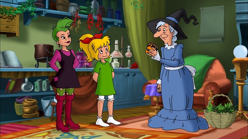 Mania (r.) ist hellauf begeistert, als Bibi (M.) und Schubia (l.) ihr die chinesische Kräutersalbe überreichen. – Bild: ZDF/​Kiddinx