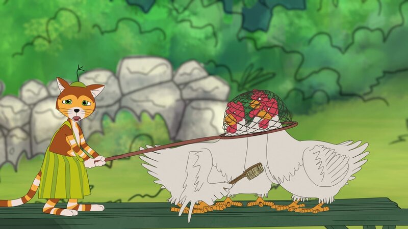 Oh – wie peinlich. Findus hat die tuschelnden Hühner für das von ihm dringend gesuchte „Zischmonster“ gehalten und mit einem Netz gefangen. – Bild: ZDF