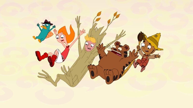 Mit ihren Freunden macht sich Candace auf die Suche nach dem Zauberer von Spotz, dort will sie ihre Brüder auffliegen lassen. Zusammen mit Streber-Scheuche-Baljeet (re.), dem Baum Jeremy (2.v.li.) und dem Löwen-Tiger-Bären Buford (2.v.re.) macht sie sich auf den Weg.. – Bild: Disney