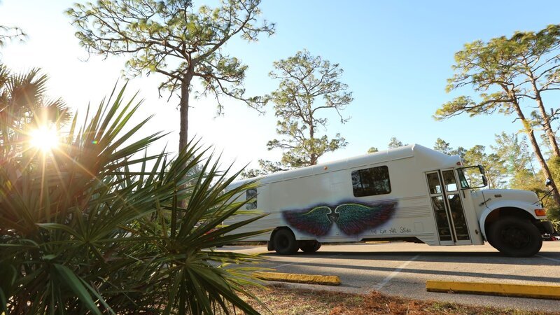 The setting sun peeks through a palmetto plant with a burst of light, with Kyle and Christiana Hill’s tiny house bus in the background, awaiting it’s first adventure, in Odessa, Florida, as seen on Tiny House, Big Living. – Bild: DIY Network/​Scripps Networks, LLC.