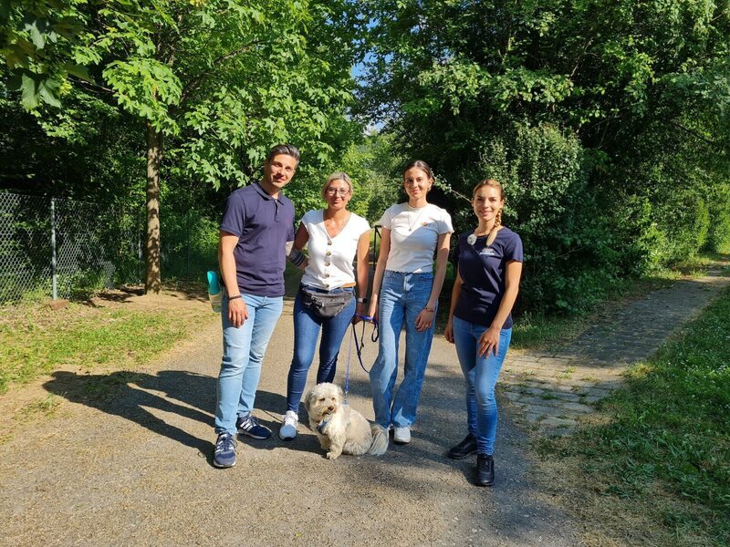 Familie Devincentis mit Havaneser Percy und Trainerin Sophie (r.) – Bild: RTL /​ Mina TV