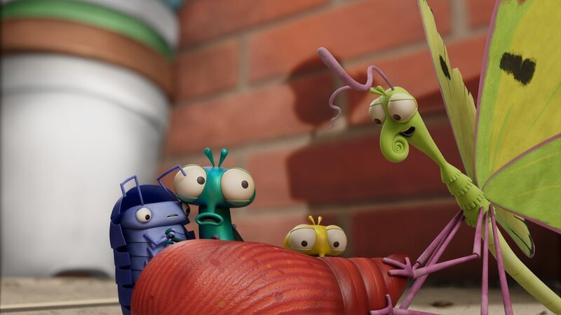 Cornea (r.), einst selbst aus einem Kokon geschlüpft, hilft Abakus, Floyd und PB (v.l.n.r.), den Kokon zu retten. Ein Vogel hat es auf den Kokon abgesehen. – Bild: ZDF/​Aardman Animations 2022