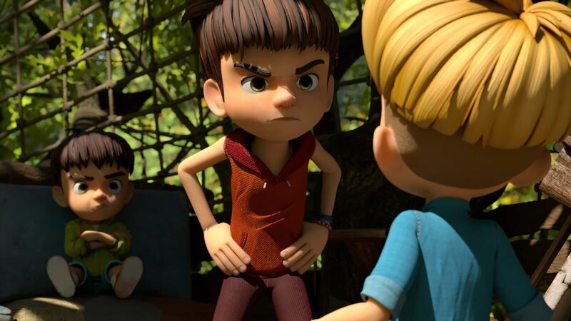 Raphael und Kleiner Fuß bekommen von Bohnenstange einen kräftigen Anschiss für ihre falschen Anschuldigungen. – Bild: ZDF/​La Station Animation