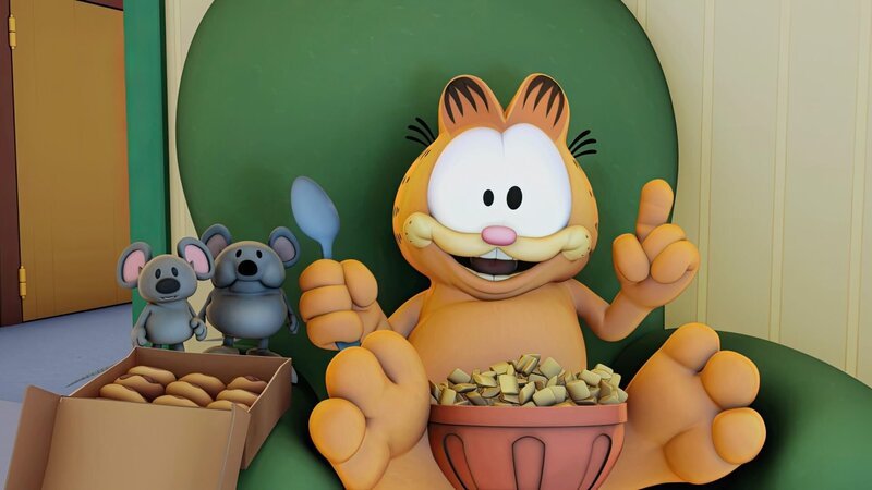 Garfield freut sich, denn gleich kommt die Maus. – Bild: ORF/​Mediatoon/​Dargaud Media/​Paws Inc.