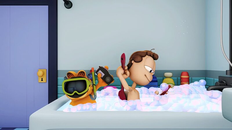 Jon macht es sich mit seinem Smartphone in der Badewanne gemütlich. – Bild: ORF/​Mediatoon/​Dargaud Media/​Paws Inc.