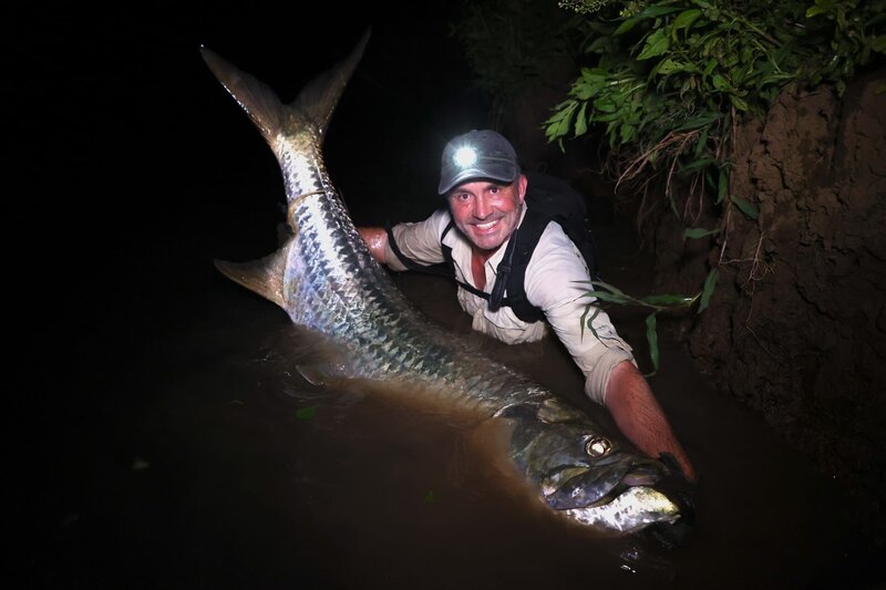 Cyril hält einen Tarpon, ein legendäres Spitzenraubtier, das für seine Kraft und explosiven Sprünge bekannt ist. Sie laichen im Meer und haben die seltene Fähigkeit, auf ihrer Jagd nach Nahrung in Brack- und Süßwasser zu wandern, wo sie bis zu unglaublichen drei Metern Länge und über 300 Pfund wachsen können. – Bild: Untamed Productions 4 Inc