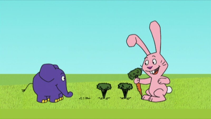 Hase und Elefant ernten Möhren. – Bild: WDR