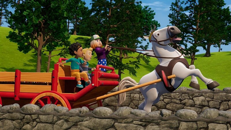 Mandy, James und Annie müssen feststellen, dass ein Pferdekarren mit Glasflaschen und ein holpriger Weg keine gute Kombination sind. – Bild: KiKA/​Prism Art & Design Limited