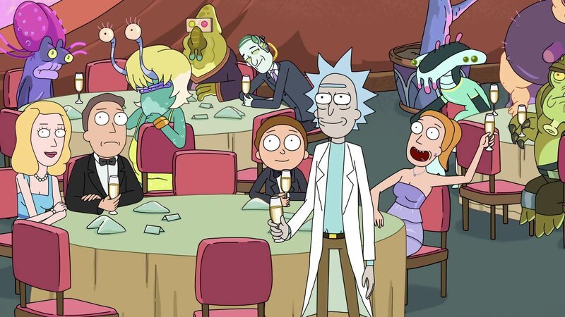 Vorne, l-r: Beth, Jerry, Morty, Rick, Summer – Bild: Paramount