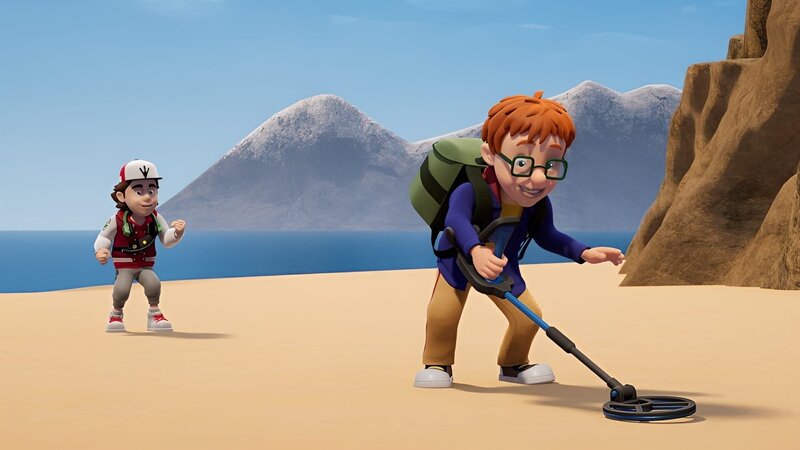 Peter und Norman wollen unbedingt die goldene Krone im Sand finden und merken nicht, dass die Flut kommt. – Bild: KiKA/​2024 Prism Art & Design Limited