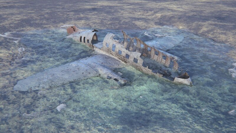 C46 Recon: Das teilweise trockengelegte Wrack des Flugzeugs C46 (ein Frachter aus dem Zweiten Weltkrieg) im Meer vor der Insel Norman’s Cay auf den Bahamas. Das Wrack zeigt das Flugzeug in seinem jetzigen Zustand. – Bild: NGC NETWORK US, LLC