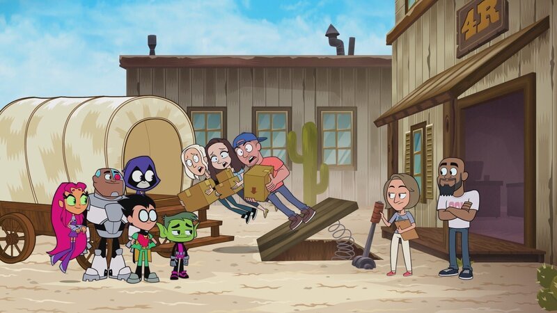Starfire (l.), Cyborg (2.v.l.), Robin (3.v.l.), Raven (4.v.l.), Beast Boy (5.v.l.), Peggy Regan (2.v.r.), Peter Michail (r.) – Bild: Warner Bros. Entertainment Inc.