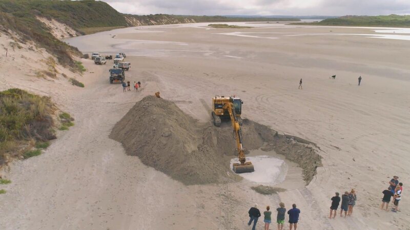 Ein Bagger gräbt ein Loch am Strand – Bild: Warner Bros. Discovery