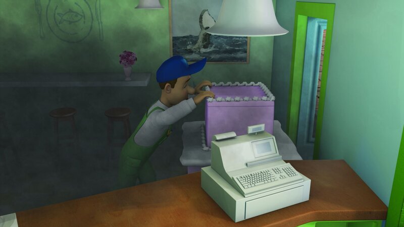 Mike versucht die große Torte aus dem Kabeljau Café zu schieben. – Bild: KiKA/​2011 Prism Art & Design Limited