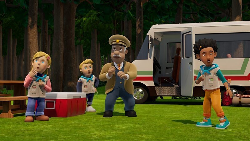 Trevor und die Pfadfinder machen einen Ausflug in den Wald und ahnen nichts von Samtpfötchens List. – Bild: KiKA/​2024 Prism Art & Design Limited