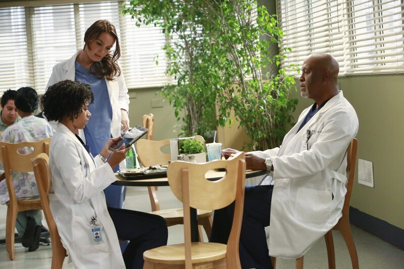 Richard (James Pickens Jr., r.) will Maggie (Kelly McCreary, l.) mehr über ihre leibliche Mutter erzählen. Sie werden allerdings von Jo (Camilla Luddington, M.) aufgrund eines ärztlichen Notfalls unterbrochen … – Bild: American Broadcasting Companies, Inc.