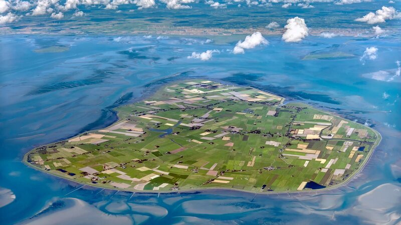 Insel Pellworm: Saftiges Grasland, weiter Himmel, unzählige Schafe auf dem Deich. Das sind die typischen Markenzeichen von Pellworm. Die drittgrößte nordfriesische Insel liegt mitten im „Nationalpark Schleswig-Holsteinisches Wattenmeer“ und ist umgeben von den weltweit einmaligen Halligen. – Bild: WDR/​akg-images/​euroluftbild.de/​Mar