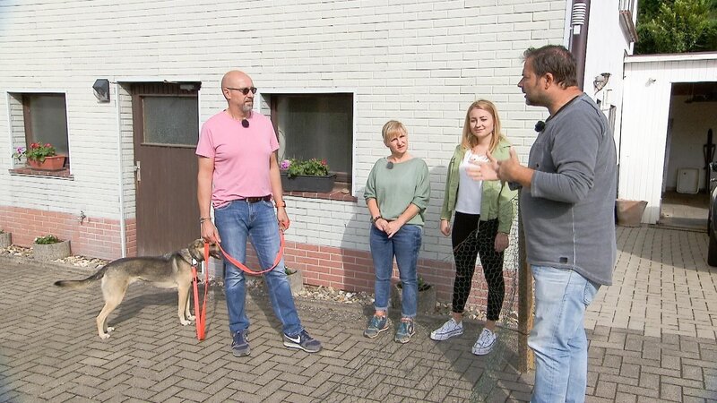 Martin Rütter (r.) besucht Susanne (2.v.l.), Dirk, Kim-Marie und Mischlingshündin Marla. – Bild: RTL