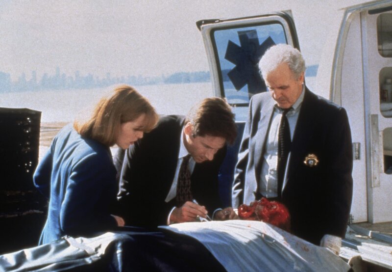 Dana Scully (Gilian Anderson, l.); Fox Mulder (David Duchovny, M.); Detective Alan Cross (James Handy, r.) – Bild: Twentieth Century Fox Film Corporation
